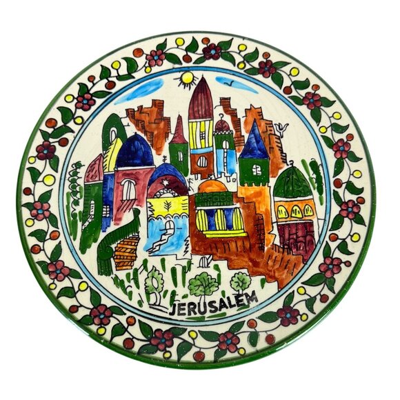 Jerusalem Decorative Art Pottery Plate Hand Painted Holy City VTG Wall Decor - Picture 1 of 11
